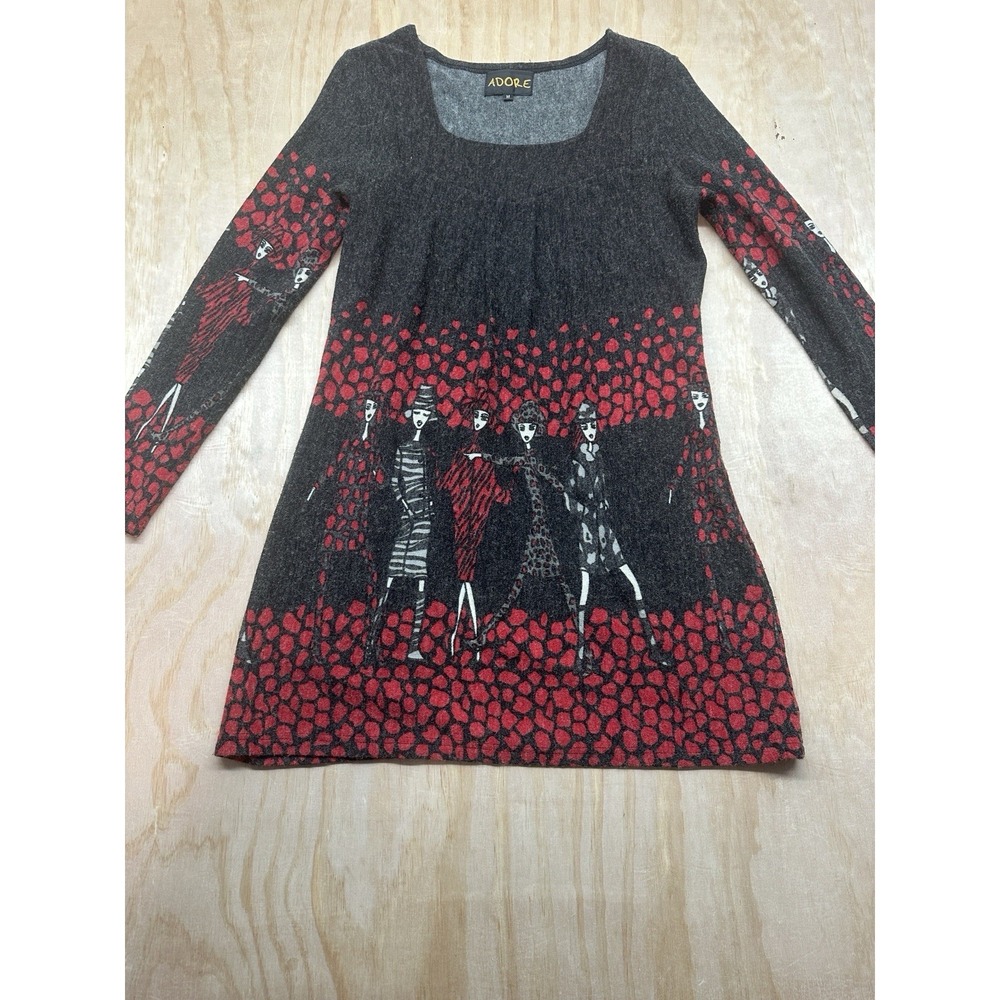 Adore Y2K Art To Wear Abstract Printed Sweater Dress SZ M Reds Gray Mini Bodycon